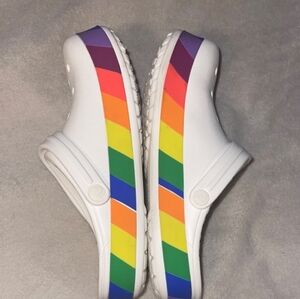White Crocs Clog Sandals with Rainbow Stripe